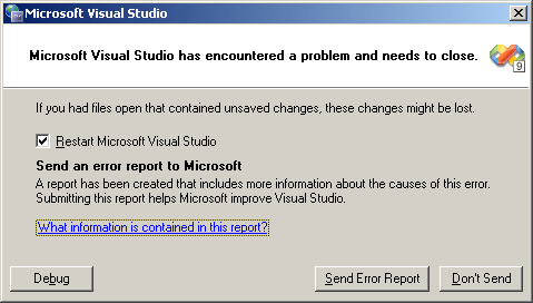 Microsoft Visual Studio has encountered a problem and needs to close